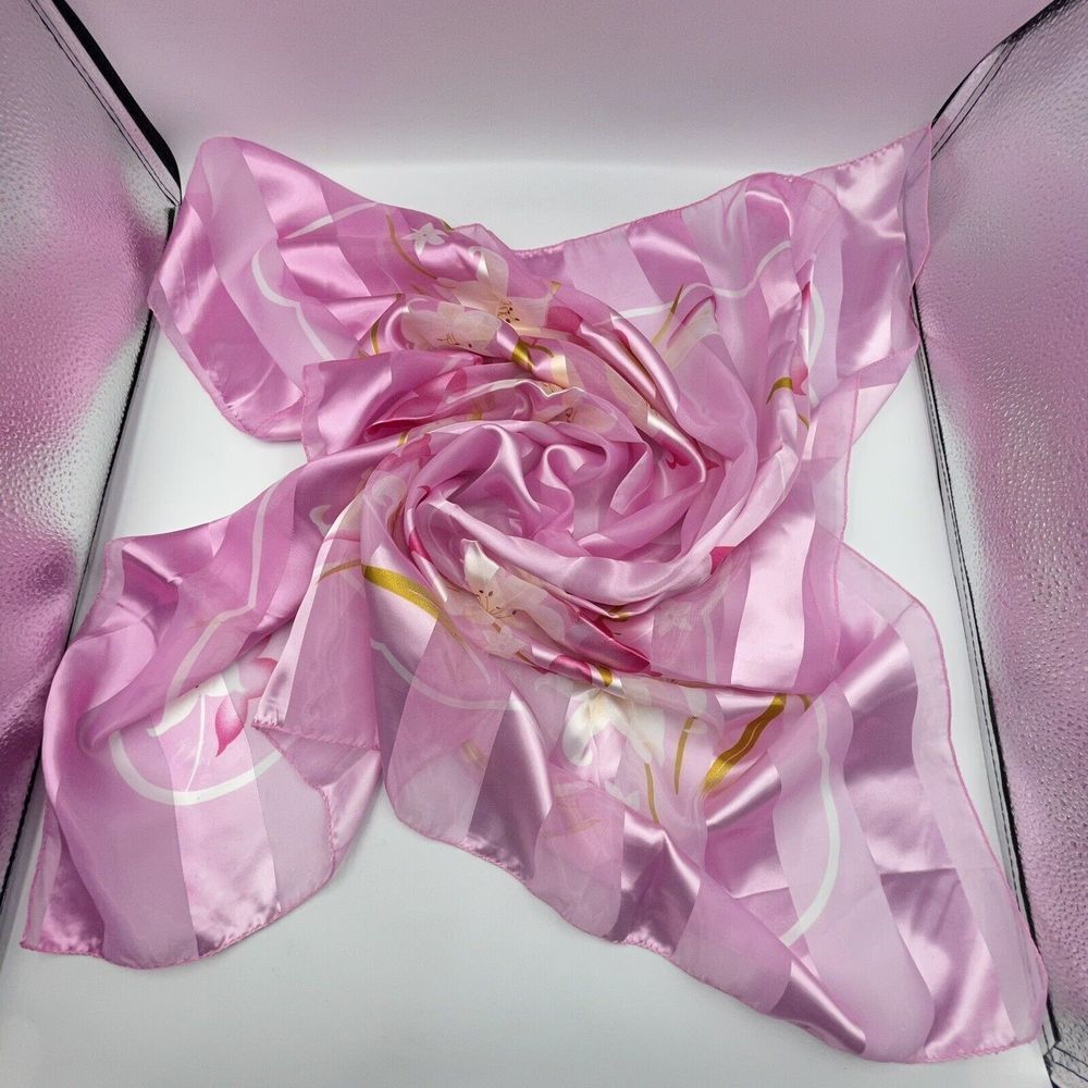 Silk Square Scarf Women 37 x 37 Inches Shawl Wrap floral Pink - Picture 5 of 6